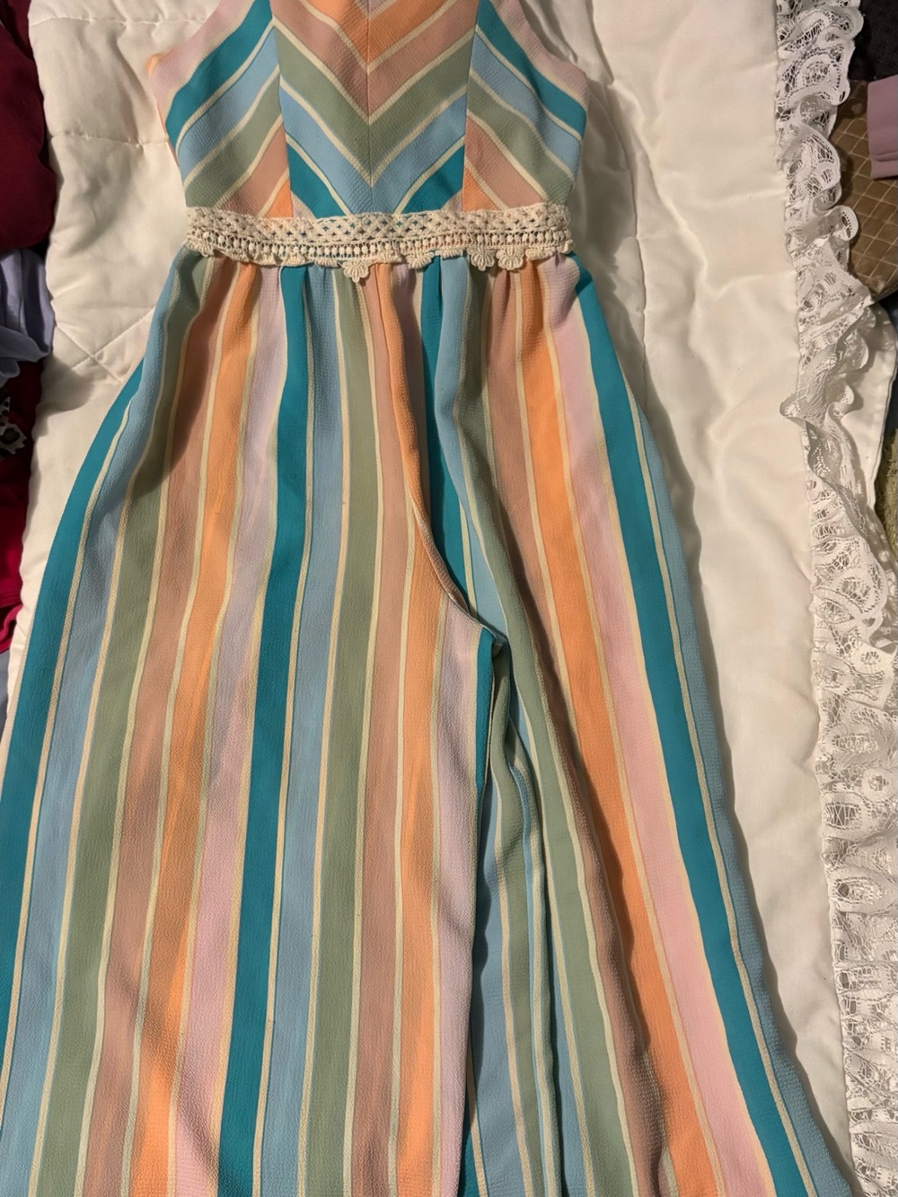 Bonnie Jean Pastel Multicolor Stripe Romper with Crochet Waist